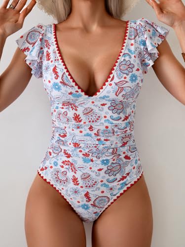 Image of Aidonger Women's One Piece Ruffle Swimsuit Tummy Control Bathing Suit V Neck Shell Stitched Swim Suit Slimming Swimwear