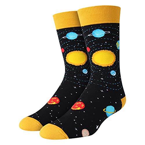 Men's Funny Space Planet Socks in Black, Novelty Gifts for Space Enthusiast