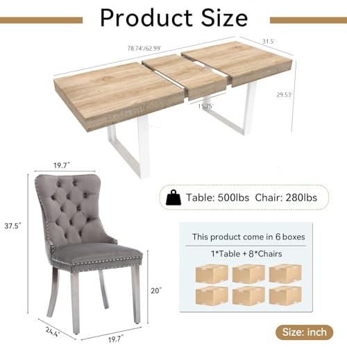 Image of Oak Dining Room Table Set for 8, 9-Piece 63 inch-78.74 inch Extendable Dining Table Set with 8 Upholstered Chairs, Rectangle Wooden Expanding Kitchen Table and Grey Chairs Set