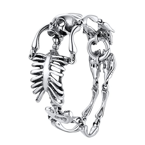 U7 Gothic Skull Bracelets for Men Women, Stainless Steel/18K Gold Plated/Silver Black Punk Skeleton Head Chain Bracelet Party Accessories for Rapper Biker