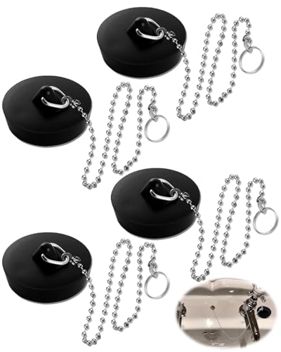 JUKOTA Paquete de 4 tapones de goma para fregadero con cadena, aptos para bañeras, cocinas y baños.