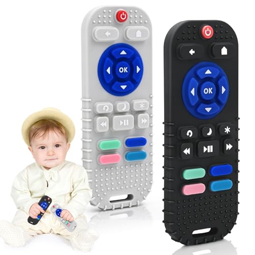Zahnen Beißringe Spielzeug für Babys 3-6-18 Monate Geschenke, Fernbedienung Baby Zahnungshilfe für 3 6 9 12 Monate Kleinkind Autismus, Lebensmittelqualität Silikon Badespielzeug, Schwarz & Grau
