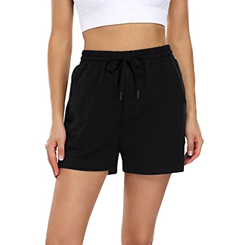 Pantalones Cortos Mujer Algodón Shorts Mujer Deportivos Elástico Bermuda Shorts Jogger Shorts Casual Pantalón Corto para Trotar Running Deporte Correr Gym Yoya de Verano (Negro, L)