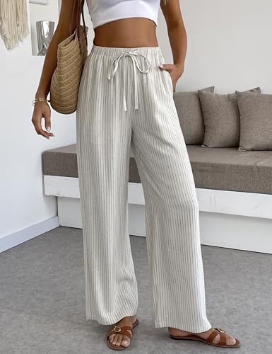 heipeiwa Women's Linen Pants Striped Summer Boho Straight Wide Leg Beach Lounge Casual Trousers2