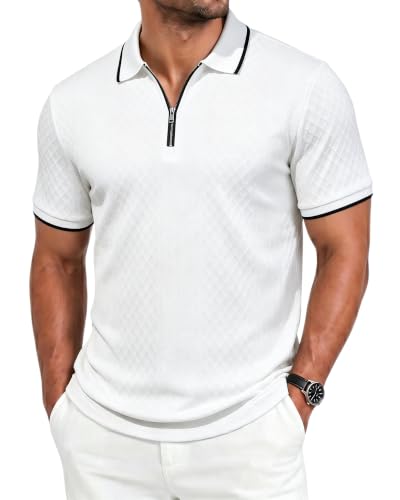 Camiseta polo para hombre con cremallera, tejido texturizado, manga corta, ideal para verano, vacaciones, playa y golf