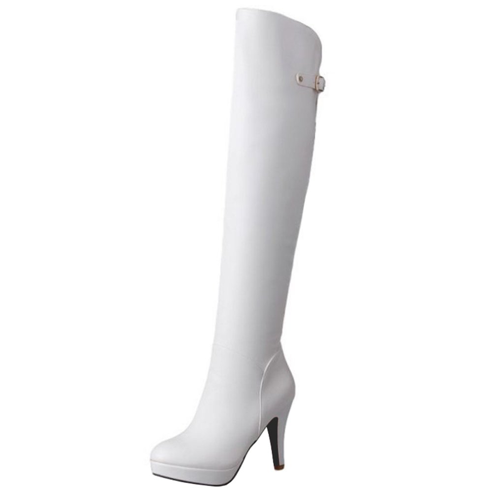 Damen Overkneestiefel Plateau 10cm Reißverschluss Schnalle | Pfennigabsatz 10cm; Plateau 2.5cm; Reißverschluss; Webpelz Futter; Rutschhemmende Gummisohle; Pflegeleicht; Herbst/Winter