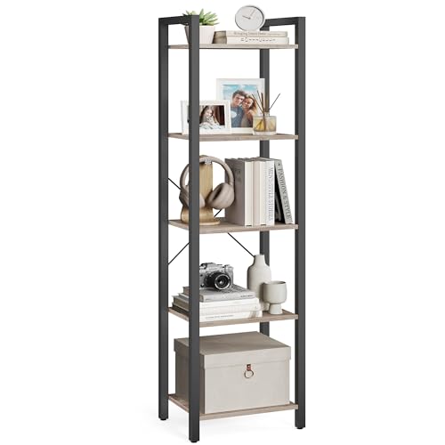 VASAGLE 5-Tier Bookshelf, Bookcase with Steel Frame, Book Shelf for Living Room, Home Office, Study, 11.8 x 15.7 x 60.2 Inches, Industrial Style, Heather Greige and Ink Black ULLS100B02 Heat