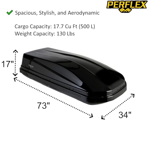 Image of Perflex Exclusive Rooftop Cargo Box Carrier Large 17.7 Cubic Feet Car Top Mount Travel Luggage Storage, Dual Side Opening, 130 Lbs Weight Capacity, Extra Keys, Straps (Black)
