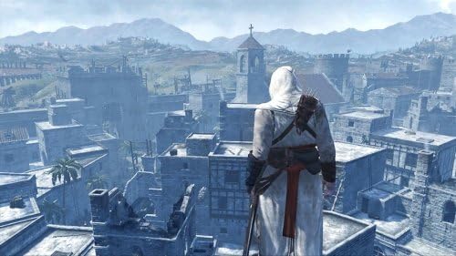 Altaïr overlooking a city from a high vantage point in Assassin's Creed 1