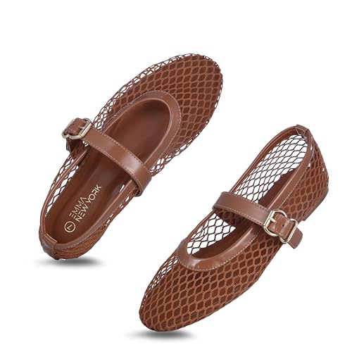 EMMA NEW YORK Women’s Mesh Ballet Flats – Fishnet Mary Jane Flats with Adjustable Buckle Strap, Breathable & Stylish Ballerina Shoes (Brown, 9)