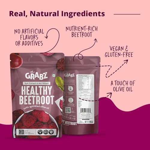 Image of GRABZ Air-Cooked Beetroot Chips | Solar-Dehydrated, Vegan, High Fibre | Oil-Free Crunchy Snack - 20g Each (Pack of 3)