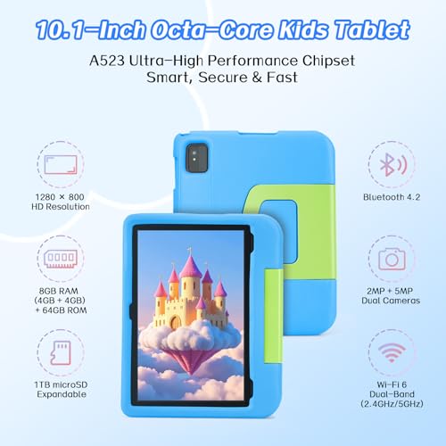 Image of Kids Tablet 10 inch, Android 15 Tablet, Educational Tablets for Kids with HD Touchscreen, 8GB+64GB Expandable Storage, 5000mAh Battery, Parental Control and Kids Learning Space
