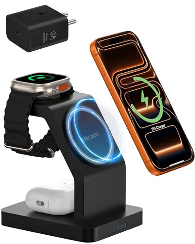 Image of eller sante Combo 3in1 23W Magnetic Mag-Safe Wireless Charger with 30W Fast Charger Adapter for iPhone 17 /17 Air /17 Pro /17 Pro Max, 16 /16 Plus /16 Pro /16 Pro Max, 15 /14 /13 /12, Airpods, iWatch- Black
