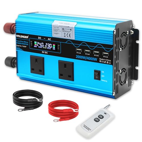 Yinleader 2000W /4000W Pure Sine Wave Inverter 24V DC to 240V AC Converter with 2 UK 3-Pin Sockets Smart LCD & Remote Heavy Duty for 24V Lorry HGV Truck & Off-Grid