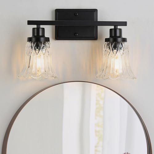 Image of JOPESO Bathroom Light Fixtures,Matte Black 2-Light Bathroom Lights Over Mirror with Glass Shade,Bathroom Wall Sconce Lamp for Mirror Living Room Bedroom Hallway (Black, 2-Light)