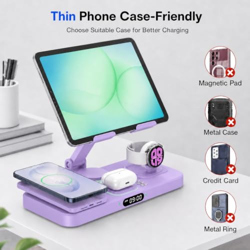 Image of 6 in 1 Charging Station for Samsung Multiple Devices, Foldable Wired Charging Stand for iPad /Tab with Clock & Light, Charger for S26 /S25 Ultra /Z Fold 7 & Buds, Only for Galaxy Watch(Purple)