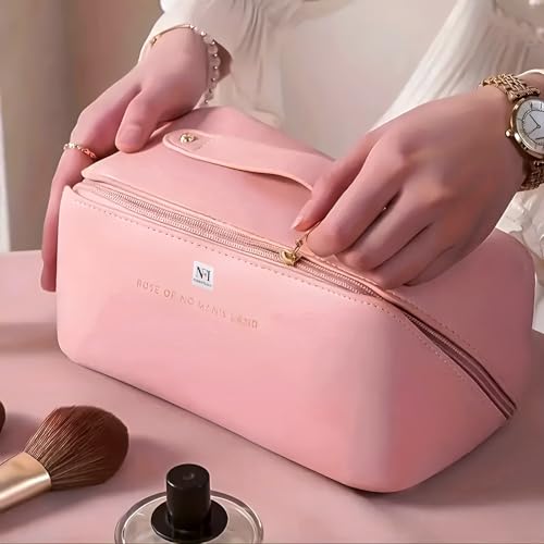 Image of NFI Essentials Pack of 2 Cosmetic Travel Organizer Bag, Women's Makeup Pouch Toiletry Bag Portable Leather Wide Opening Cosmetics Bag with Handle and Divider, 8Cm, Assorted