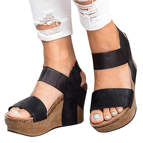 Aniywn Women's Open Toe Ankle Strap Platform Wedge Sandals Casual Summer Slip On Breathable Beach Sandals Wedge Shoes Black