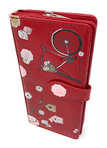 Shag Wear Vintage Postcard Bicycle Large Wallet for Women and Teen Girls Vegan Faux Leather Salmon 7"3