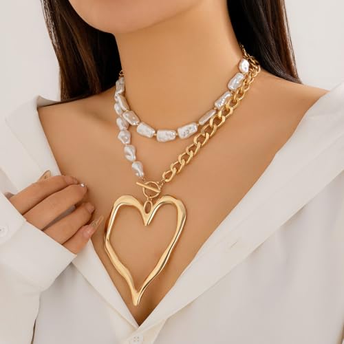 Y2k Large Heart Necklaces for Women Chunky Big Heart Pendant Necklace Exaggerated Layered Love Pearl Choker Necklace Set Dainty Statement Jewelry Gift2