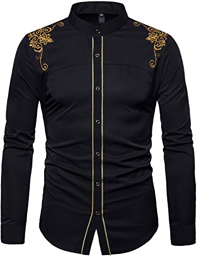 WHATLEES Mens Casual Hipster Mandarin Collar Slim Fit Long Sleeve Dress Shirts with Gold Embroidery T156 Black Large