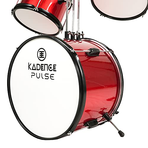 Image of Kadence BYDRMRD 3-Piece Kids Acoustic Drum Kit | 14 inch Bass Drum | Multi-Ply Wooden Shells | Includes Cymbal, Stool & Pedal | Glossy Red