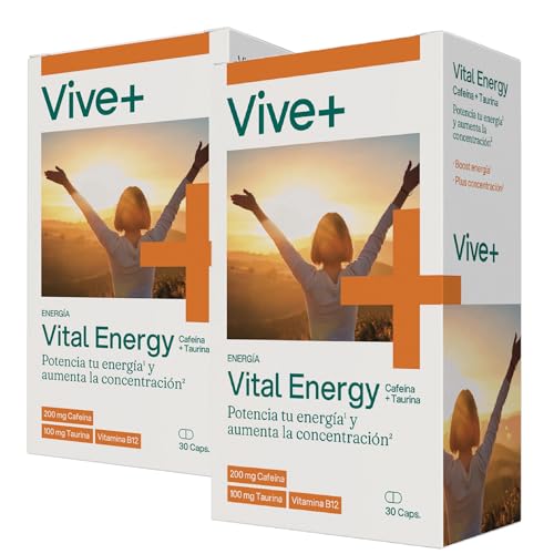 Vive+ Vital Energy – 2 Paquetes de 30 Cápsulas – Suplemento Energético Natural con Cafeína, Taurina y Vitamina B12 – Ayuda con La Concentración, el Cansacio y la Fatiga