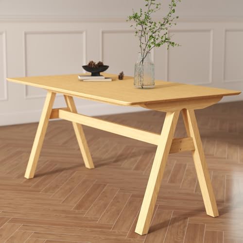 Image of DUOMAY Wooden Dining Table, Square 59 inch Wide Kitchen Table for 4-6 People, Mid Century Rectangular Dinner Table with Trestle Base for Home Restaurant, Original Wood Color