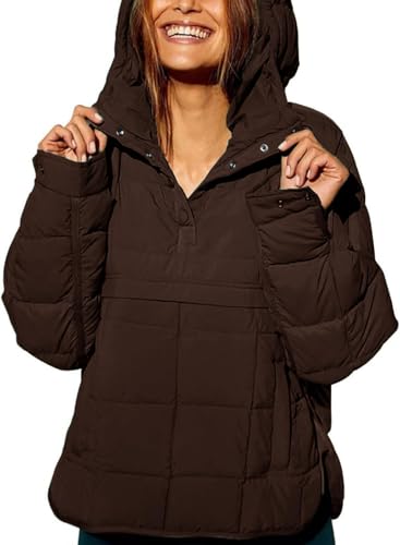 LNKQA Women's Lightweight Down Coat Long Sleeve Button Quilted Pullover Puffer Jacket Packable Hooded Oversized Winter Coat(Brown,Small)
