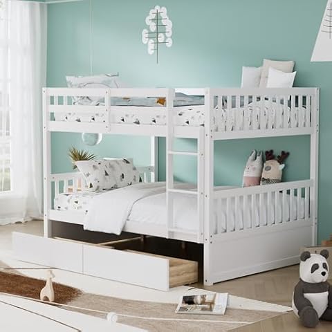 WIILAYOK Full Over Full Bunk Bed with 2 Storage Drawers, Convertible to 2 Full Size Platform Bed, Full Size Bunk Bed with Ladder and Safety Rails for Teens, Adults, Kids Cover