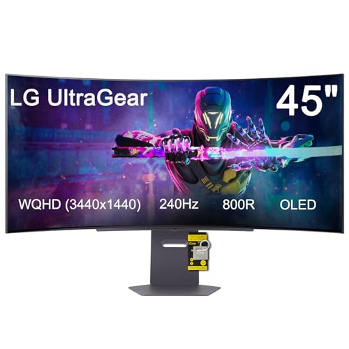 LG 45 Ultragear OLED Curved Gaming Monitor - 45' WQHD (3440x1440) OLED - 240Hz - 0.03ms GTG - 21:9-800R - AMD FreeSync Premium Pro - G-SYNC Compatible- DisplayHDR True Black 400 Wi-Fi w/ICP Hub