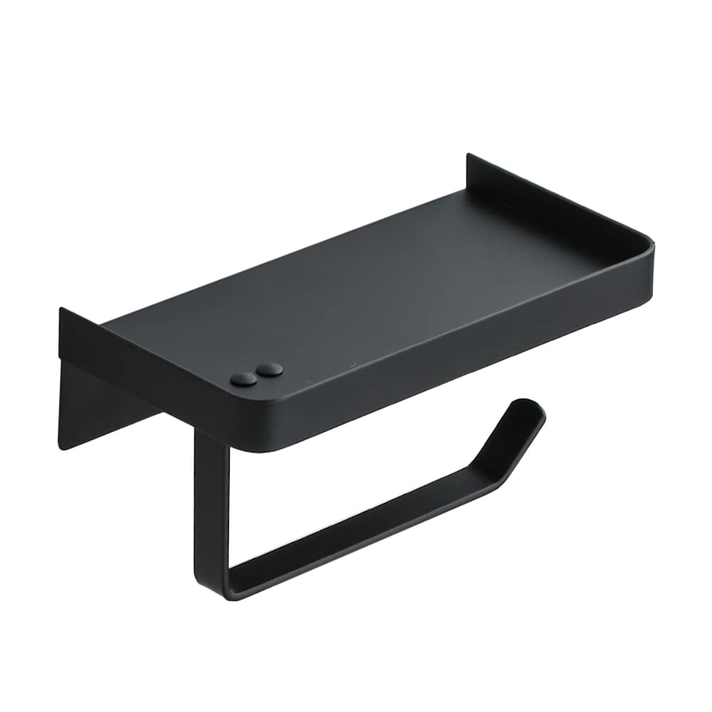 Portarotolo di carta igienica 2 in 1 con mensola, montaggio a parete, in acciaio inox, autoadesivo, per bagno e cucina (nero)