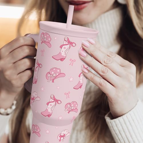 Image of SANDJEST Cowgirl 40oz Slider Tumbler with Handle and Straw - Insulated Stainless Steel Travel Coffee Mug for Women Girls, Gift for Birthday, Christmas