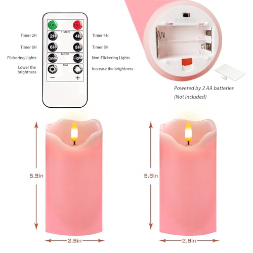 Image of VEEKI Flameless Candles Light, Set of 2 6 inchx3 inch Flickering LED Candle with Remote & Timer, Dimmable Electric Pillar Candles Battery Operated, Pink Candles for Valentine's Day Xmas Home Decor (2PC)