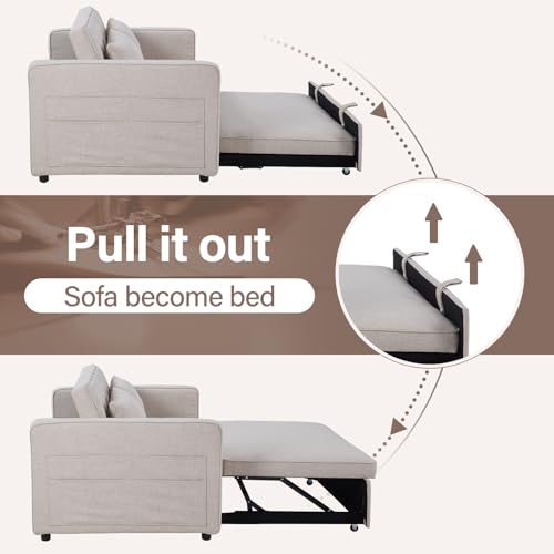 Image of HAOMARKETS 3 in 1 Convertible Sleeper Sofa Bed, Loveseat Chaise Lounge with Pullout Bed, 2-Seater Futon Couches with Storage Pockets, 3-Level Adjustable Backrest and Pillows for Living Room, White