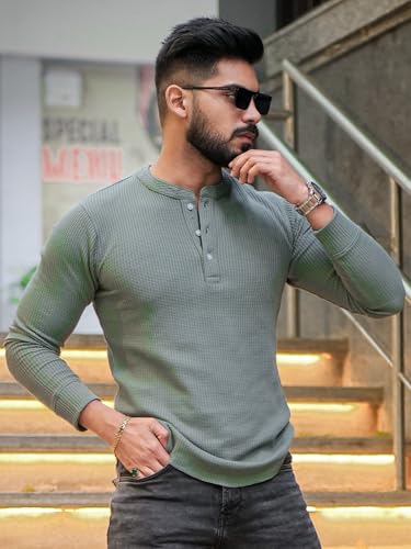 Image of GRITSTONES Men Self Waffle Knit Henley T-Shirt (GSHN-2H-01-BLK S)