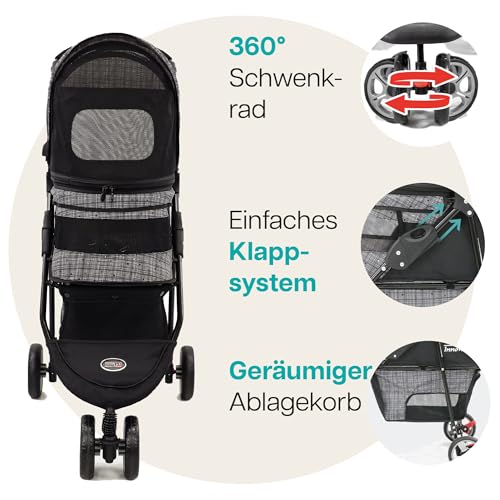 Innopet Hundebuggy Avenue Meliertes Grau leichter Katzenbuggy - Regenschutz inklusive - Hundewagen für die Stadt - faltbarer,wendig, kompakt - mit Sicherheitsleinen & Aufbewahrungskorb
