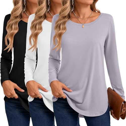 3 Pack Women's Long Sleeve T Shirts, Crewneck Side Split Tops, Round Hem Pullover Shirts, Loose Casual Tunic Tops
