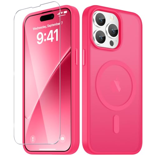 Image of YENAPOON for iPhone 14 Pro Max Case, Matte Magnetic Phone Cover [with 1 Screen Protector] [Support for MagSafe] [Shockproof Military Grade Protection] Translucent Frosted Back, Hot Pink