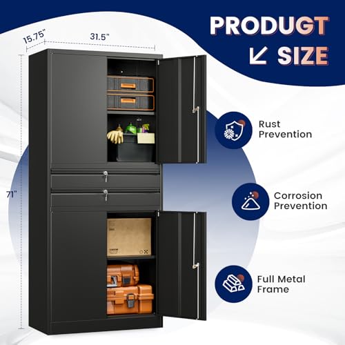 Image of Yizosh Metal Garage Storage Cabinet with Locking Doors and Adjustable Shelves, 71 inch Tool Storage Cabinet with 2 Drawer for Garage,Warehouse