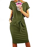 PRETTYGARDEN Women's Summer Short Sleeve Crewneck Striped Dress Basic Solid Tie Waist Office T Shirt