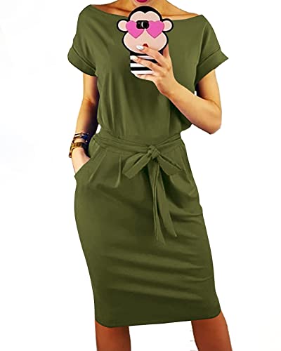 Prettygarden Women's Summer Short Sleeve Crewneck Striped Dress Basic Solid Tie Waist Office T Shirt Dresses Pockets Army Green #TOP16