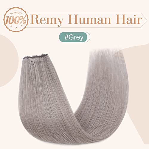 Image of Benehair 8pcs 14inch Clip in Hair Extensions Real Human Hair Clip on Double Weft Remy Soft Silky Straight Natural Highlighted Grey