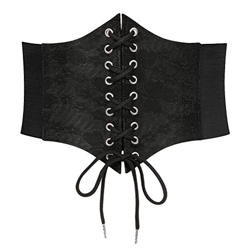 LEACOOLKEY Women Black Tied Waspie Belt, Lace-up Cinch Belt, Corset Elastic Waist Belt