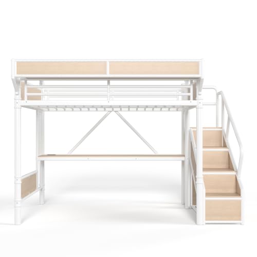 Image of Bellemave Queen loft Bed with Storage Stairs, Wardrobe, Shelves, Metal Queen Loft Bed Frame for Adults, Kids, Teens, White+Natural Wood with Stairs