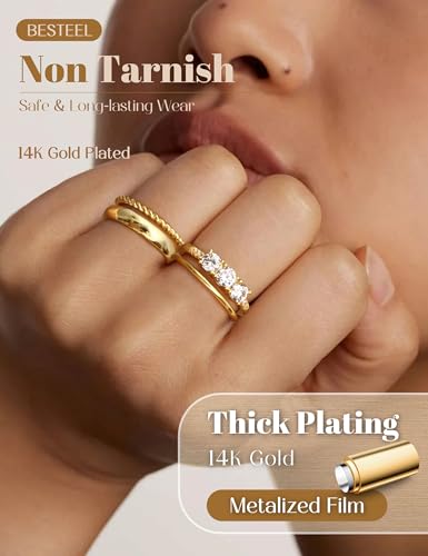 Besteel 14K Gold Plated Rings for Women - Non Tarnish Stackable Rings, Dainty Cubic Zirconia Thin Thumb Ring Set, Trendy Statement Promise Wedding Bands Engagement Rings for Women Size 6-102