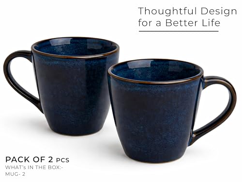 Image of Bodhi House Handcrafted Ceramic Coffee Mug Set of 2 Pieces (350 Ml), Stoneware Tea Cup, Microwave Safe Large Milk Mug, Glossy Finish, Ideal for Daily use, Casual Gatherings and Gifting, Reactive Blue
