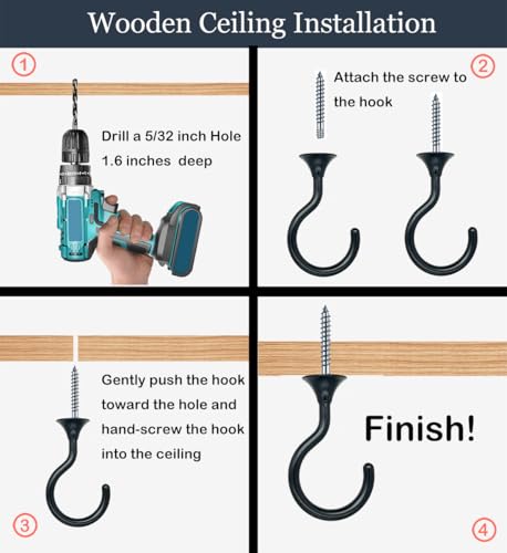 Image of Heavy Duty Ceiling Hooks for Hanging Plants 4 Pack (Black) | Holds 30 lbs on wood & concrete, 20 lbs on drywall; 2.4 inch rustproof swag hook for string lights, lanterns & patio use
