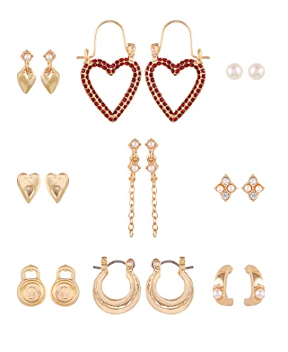 Guess 6 Piece Goldtone Earring Set With Studs Drop Hoop Earrings And Crystal And Red Stones #TOP11