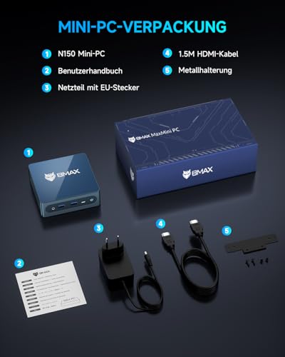 BMAX Büro Mini PC W-11 Pro Intel N150(Übertrifft N95/N97, bis zu 3,6 GHz), 12 GB LPDDR5 512 GB SSD Mini Desktop Computer, Micro PC Dual Display HDMI DP 4K@60Hz RJ45 Gigabit Ethernet/Dual Bande WiFi